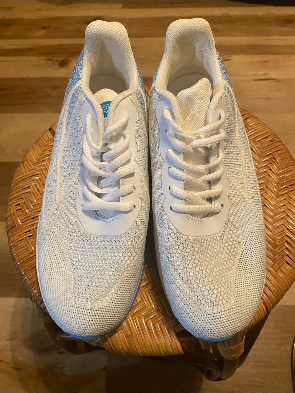 White and Blue Knit Lace-Up Sneakers